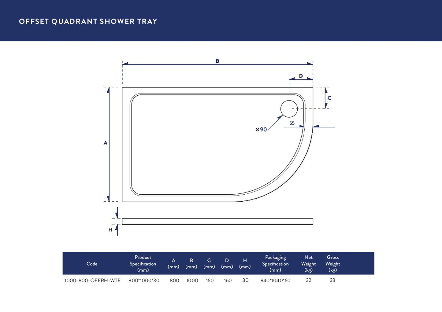 1000x800mm Offset Quadrant Tray - Right Hand