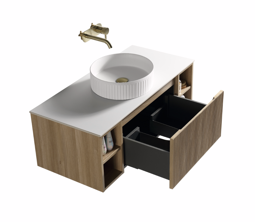 Faenza 1000mm 1 Drawer Wall Mounted Vanity Unit & Sintered Stone Counter Top with Side Storage - Amber Oak