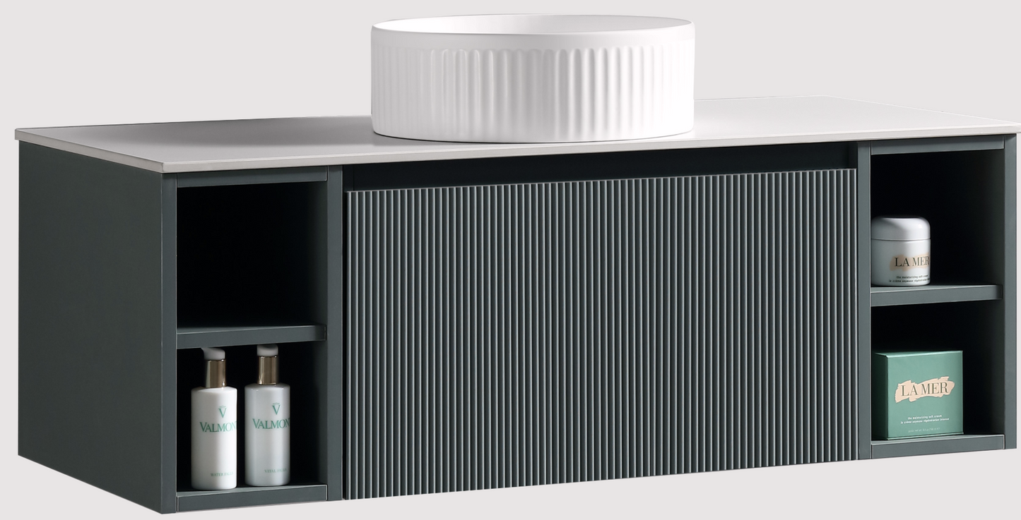 Faenza 1000mm 1 Drawer Wall Mounted Vanity Unit & Sintered Stone Counter Top with Side Storage - Riveria Blue