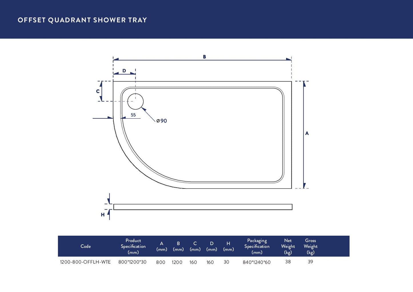 1200x800mm Offset Quadrant Shower Tray - Left Hand