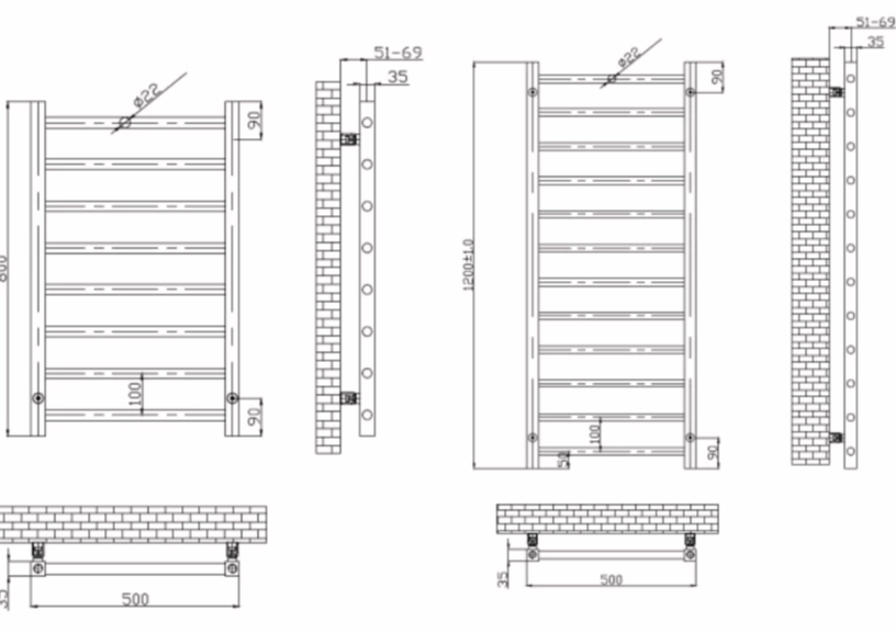 Sole 500x1200mm Heated Towel Rail - Brushed Brass