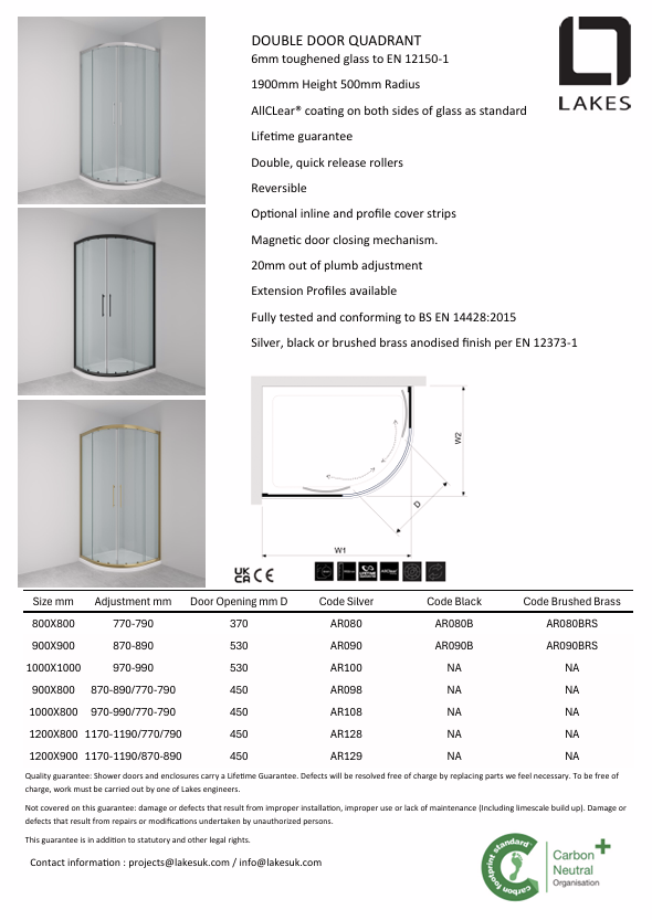 900mm 2 Door Quadrant Shower Enclosure - Brass