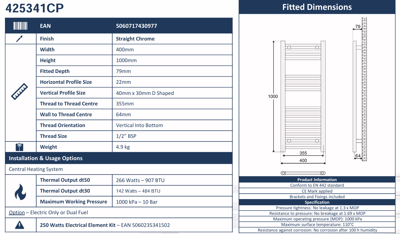 Avanti 400x1000mm Heated Towel Rail - Chrome