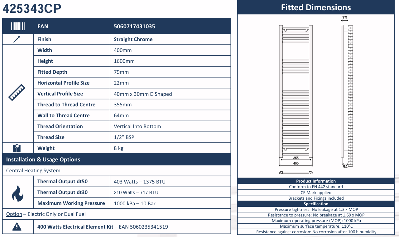 Avanti 400x1600mm Heated Towel Rail - Chrome