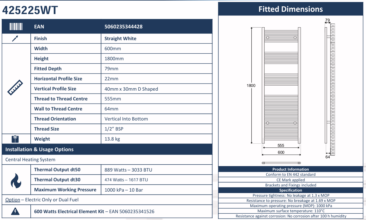 Avanti Towel Rail Straight 600x1800mm - White