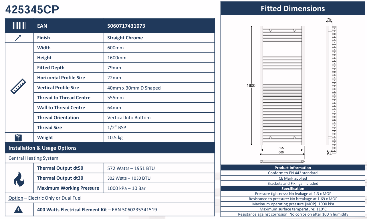 Avanti Towel Rail Straight 600x1600mm Chrome