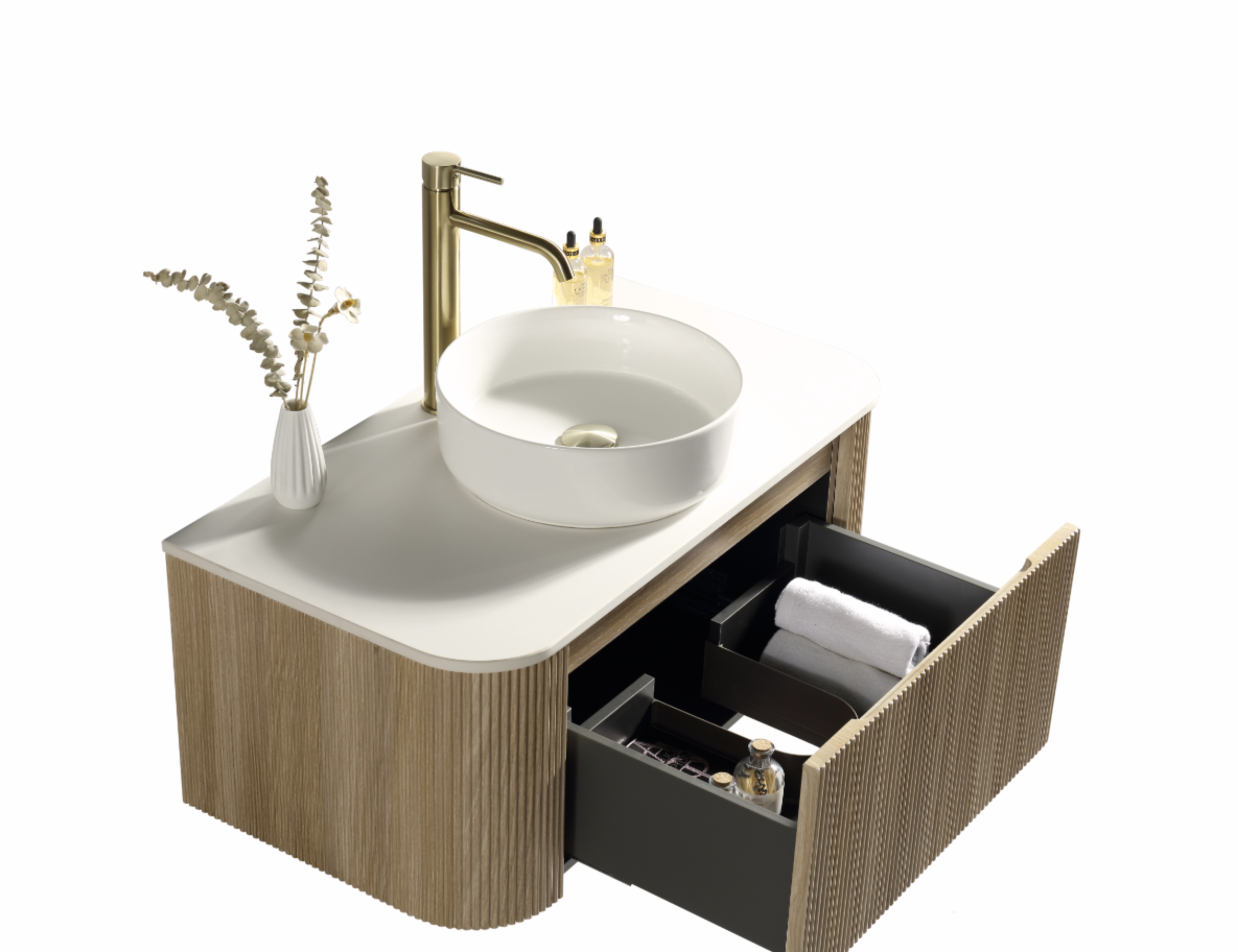 Faenza 870mm Fluted Wall Mounted Vanity Unit & Sintered Stone Counter Top - Amber Oak