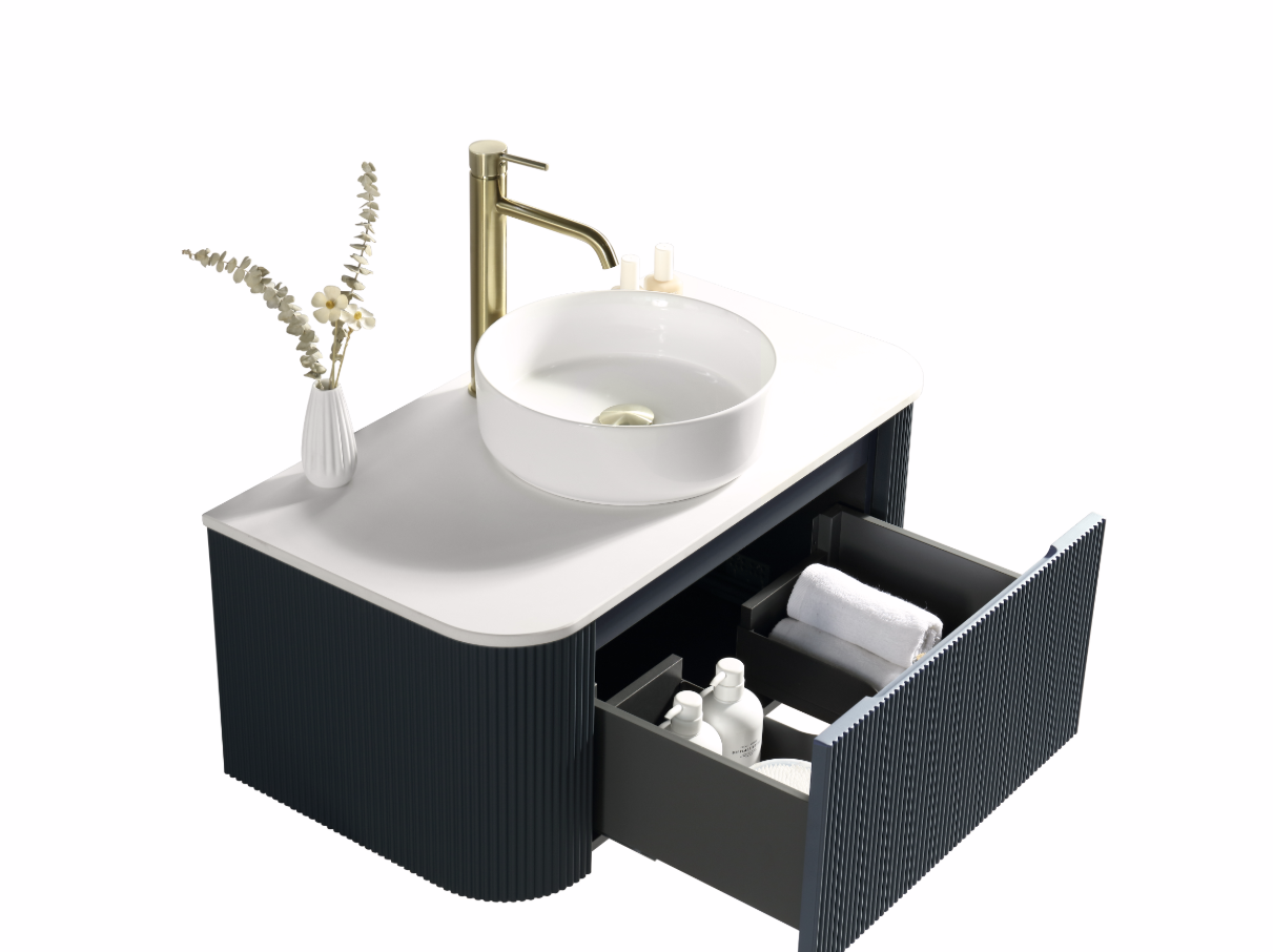 Faenza 870mm Fluted Wall Mounted Vanity Unit & Sintered Stone Counter Top - Midnight Blue