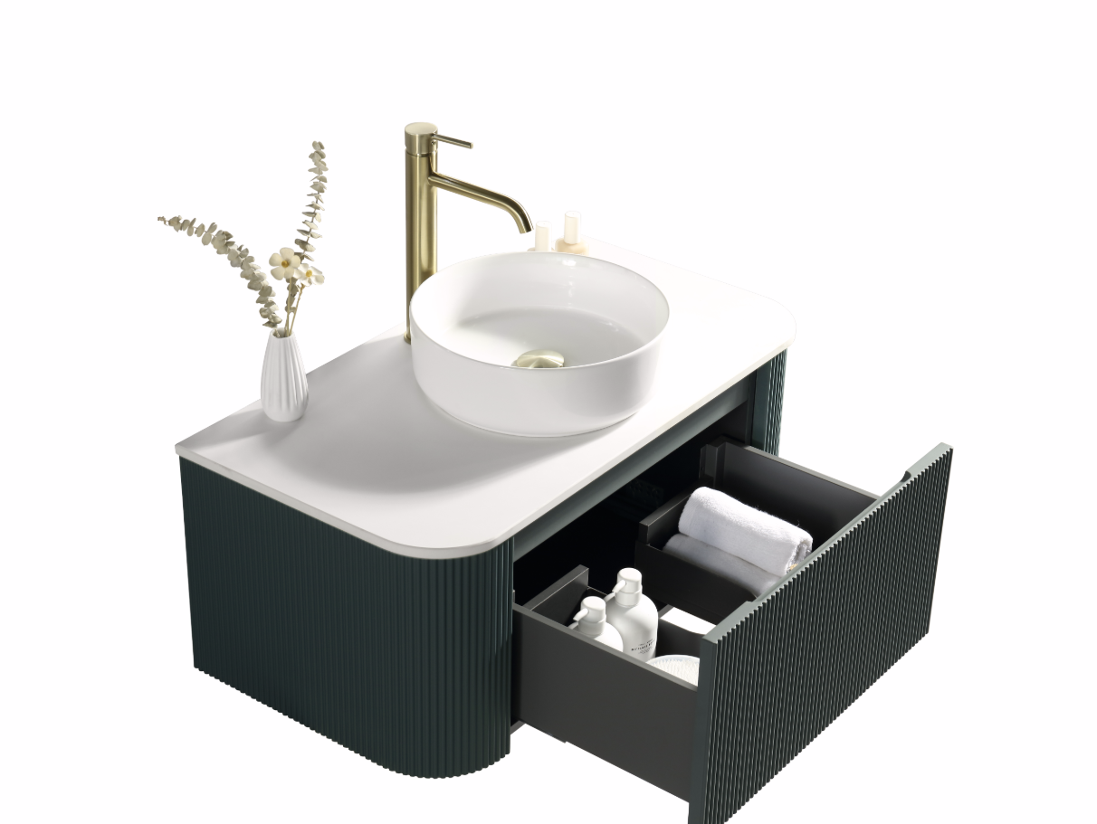 Faenza 870mm Fluted Wall Mounted Vanity Unit & Sintered Stone Counter Top - Smoked Sage