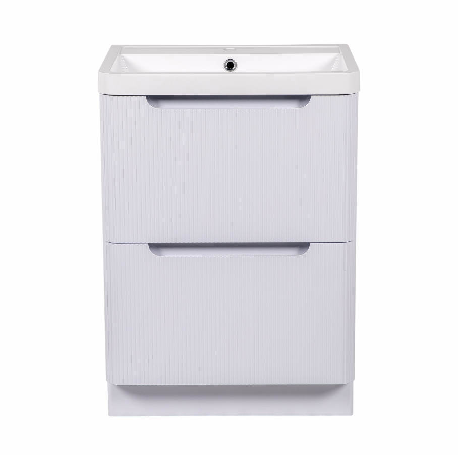 Vela Fluted 600mm 2 Drawer Floorstanding Vanity Unit & Basin - White Gloss