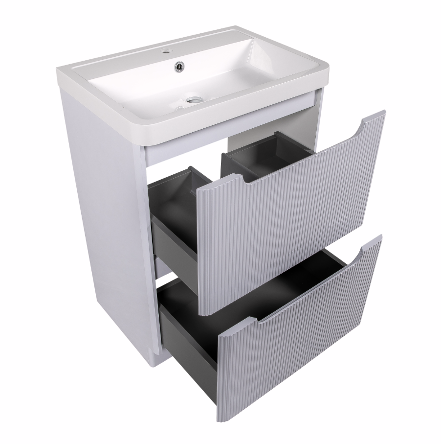 Vela Fluted 600mm 2 Drawer Floorstanding Vanity Unit & Basin - White Gloss