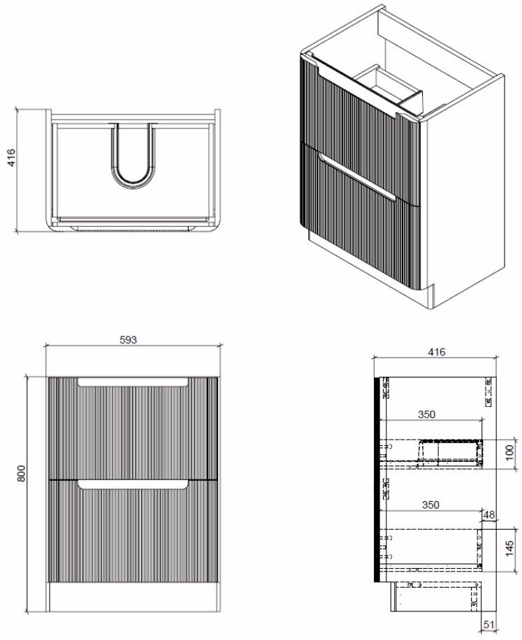 Vela Fluted 600mm 2 Drawer Floorstanding Vanity Unit & Basin - White Gloss