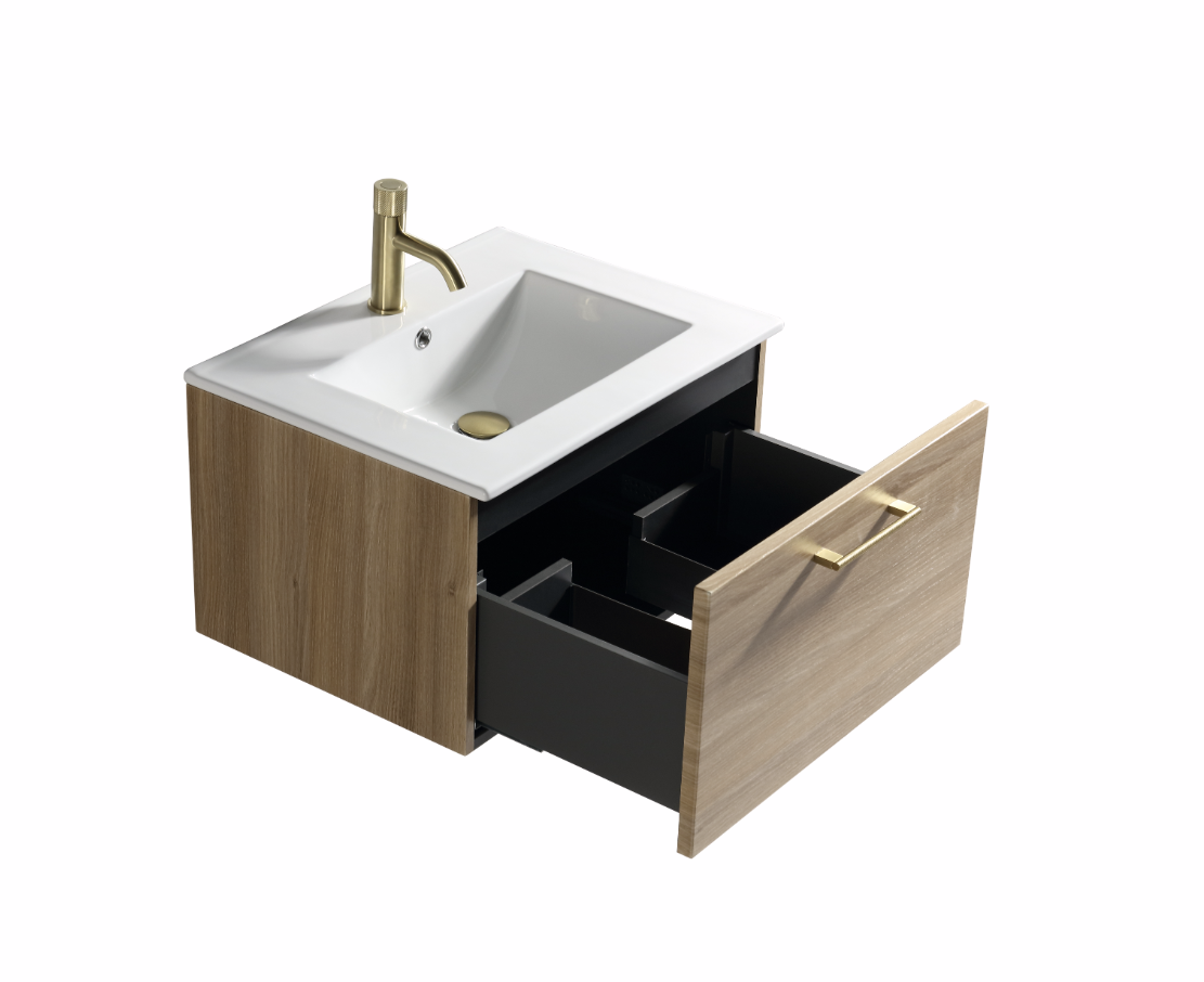 Vicenza 600mm 1 Drawer Wall Mounted Vanity Unit & Basin - Amber Oak