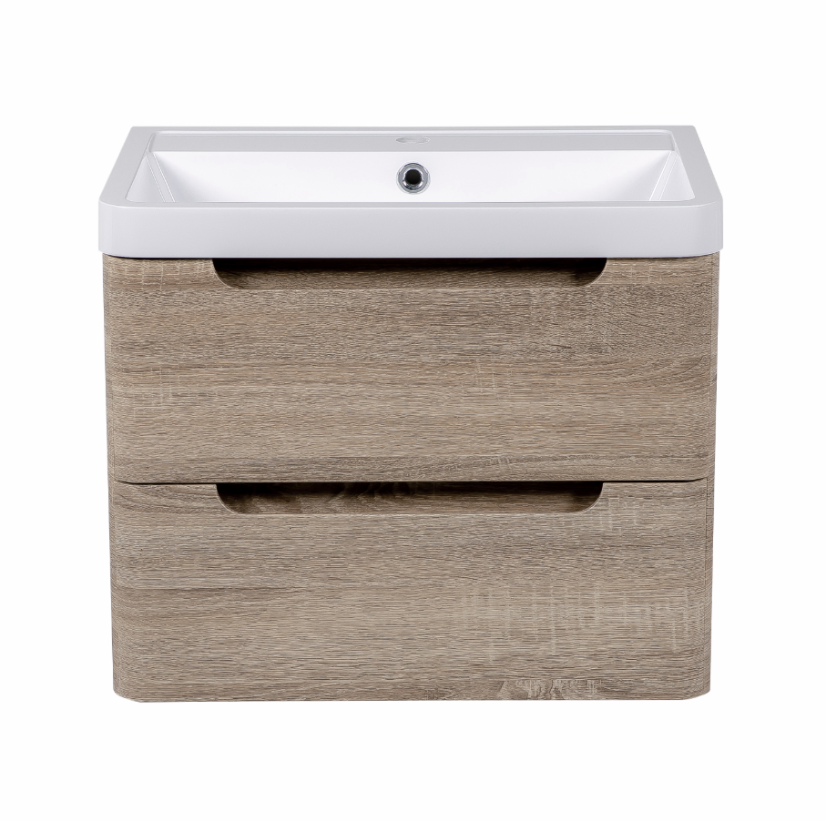 Vela 600mm 2 Drawer Wall Mounted Vanity Unit & Basin - Amber Oak