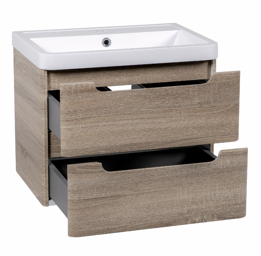 Vela 600mm 2 Drawer Wall Mounted Vanity Unit & Basin - Amber Oak