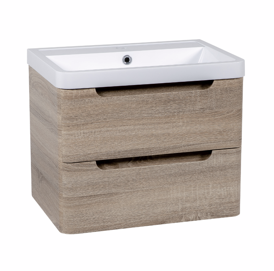 Vela 600mm 2 Drawer Wall Mounted Vanity Unit & Basin - Amber Oak