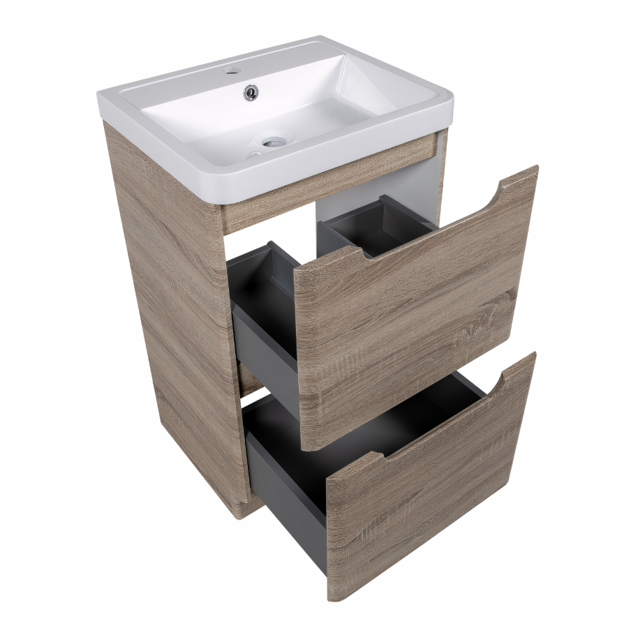 Vela 500mm 2 Drawer Floorstanding Vanity Unit & Basin - Amber Oak