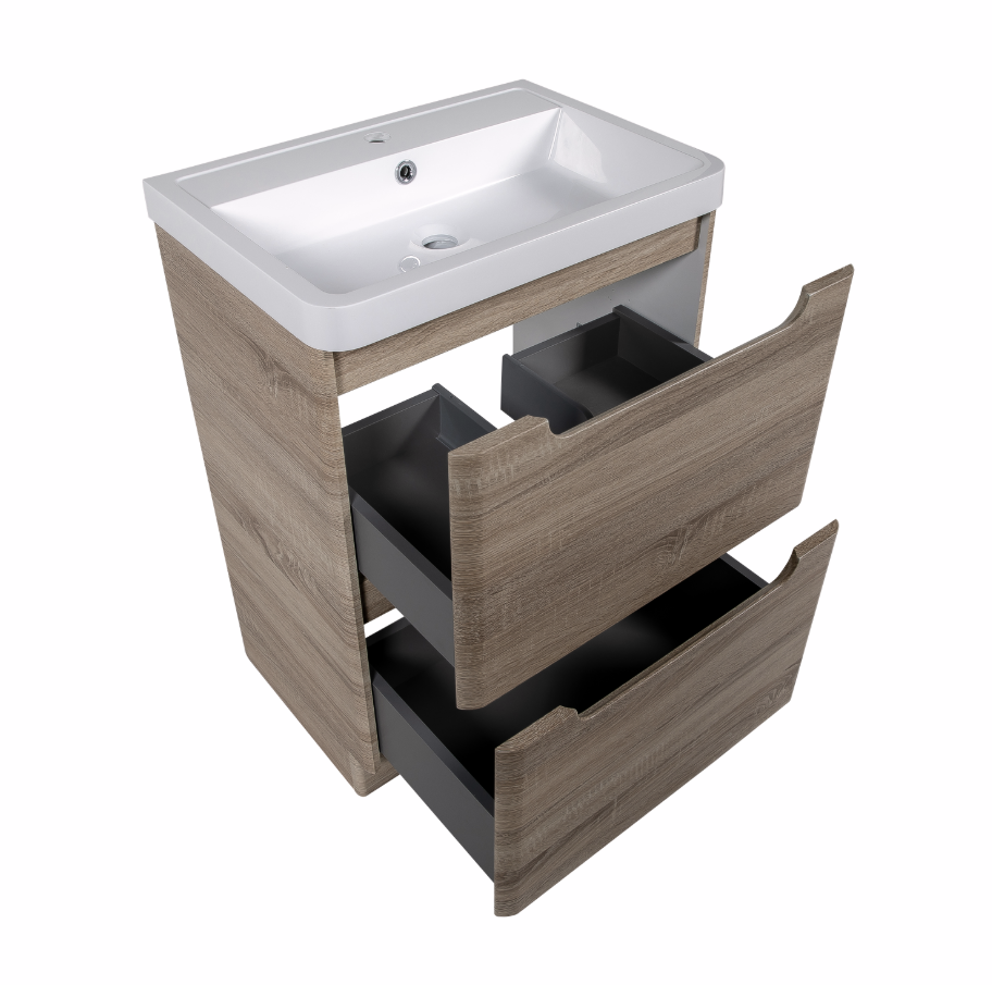 Vela Fluted 600mm 2 Drawer Floorstanding Vanity Unit & Basin - Amber Oak