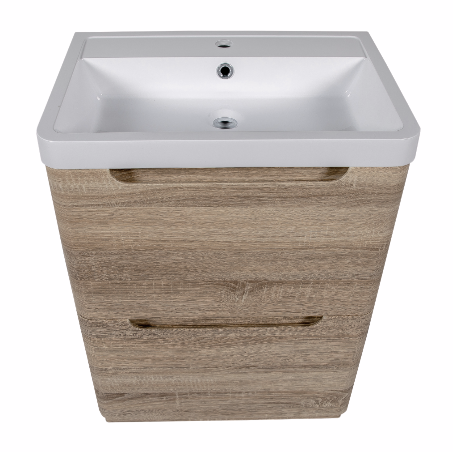 Vela 600mm 2 Drawer Floor standing Vanity Unit & Basin - Amber Oak