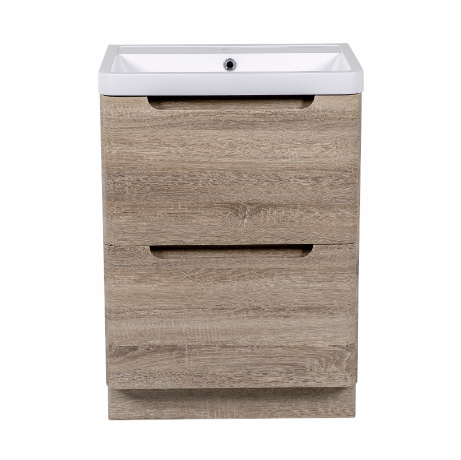 Vela 600mm 2 Drawer Floor standing Vanity Unit & Basin - Amber Oak