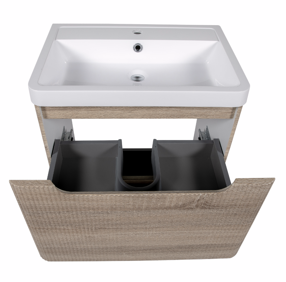 Vela Fluted 600mm 2 Drawer Floorstanding Vanity Unit & Basin - Amber Oak
