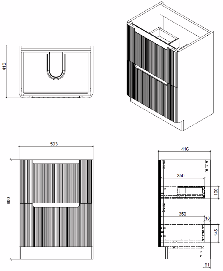 Vela Fluted 600mm 2 Drawer Floorstanding Vanity Unit & Basin - Amber Oak
