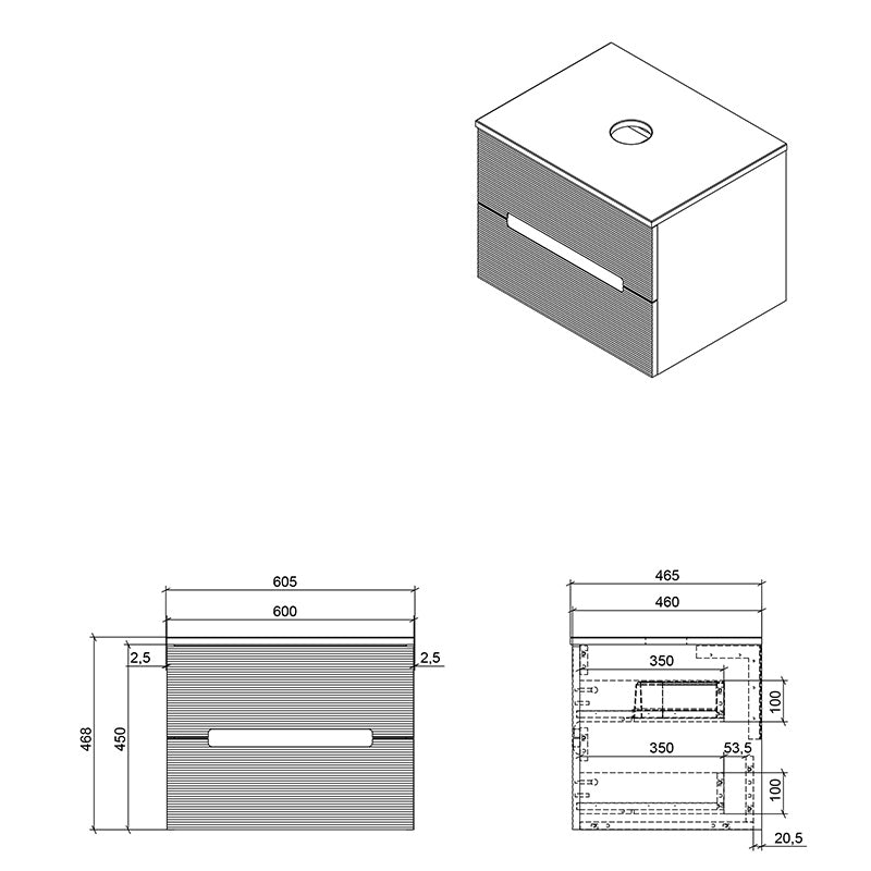 Vito 600mm 2 Drawer Wall Mounted Vanity Unit & Countertop