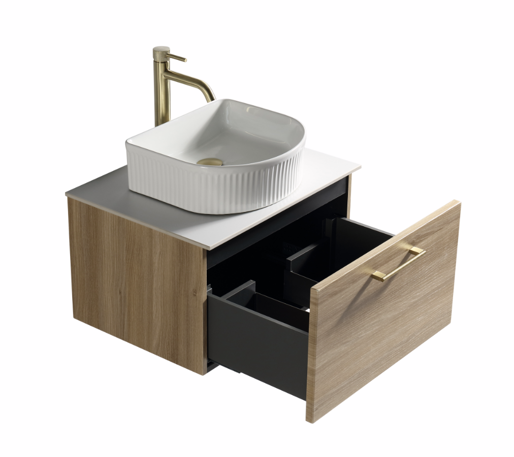 Vicenza 600mm 1 Drawer Wall Mounted Vanity Unit & Sintered Stone Counter Top - Amber Oak