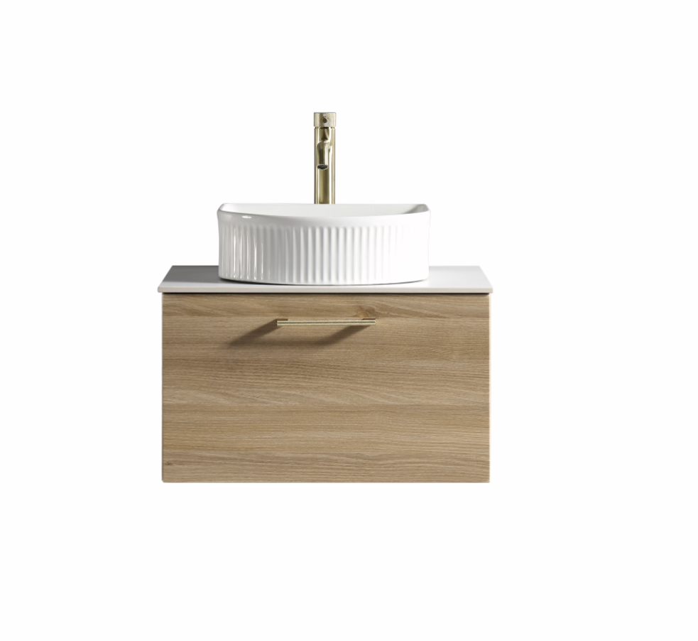 Vicenza 600mm 1 Drawer Wall Mounted Vanity Unit & Sintered Stone Counter Top - Amber Oak