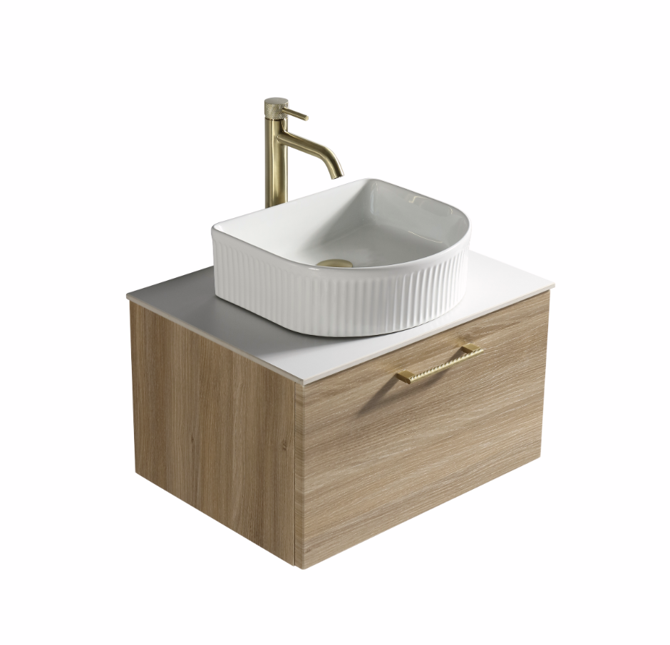 Vicenza 600mm 1 Drawer Wall Mounted Vanity Unit & Sintered Stone Counter Top - Amber Oak