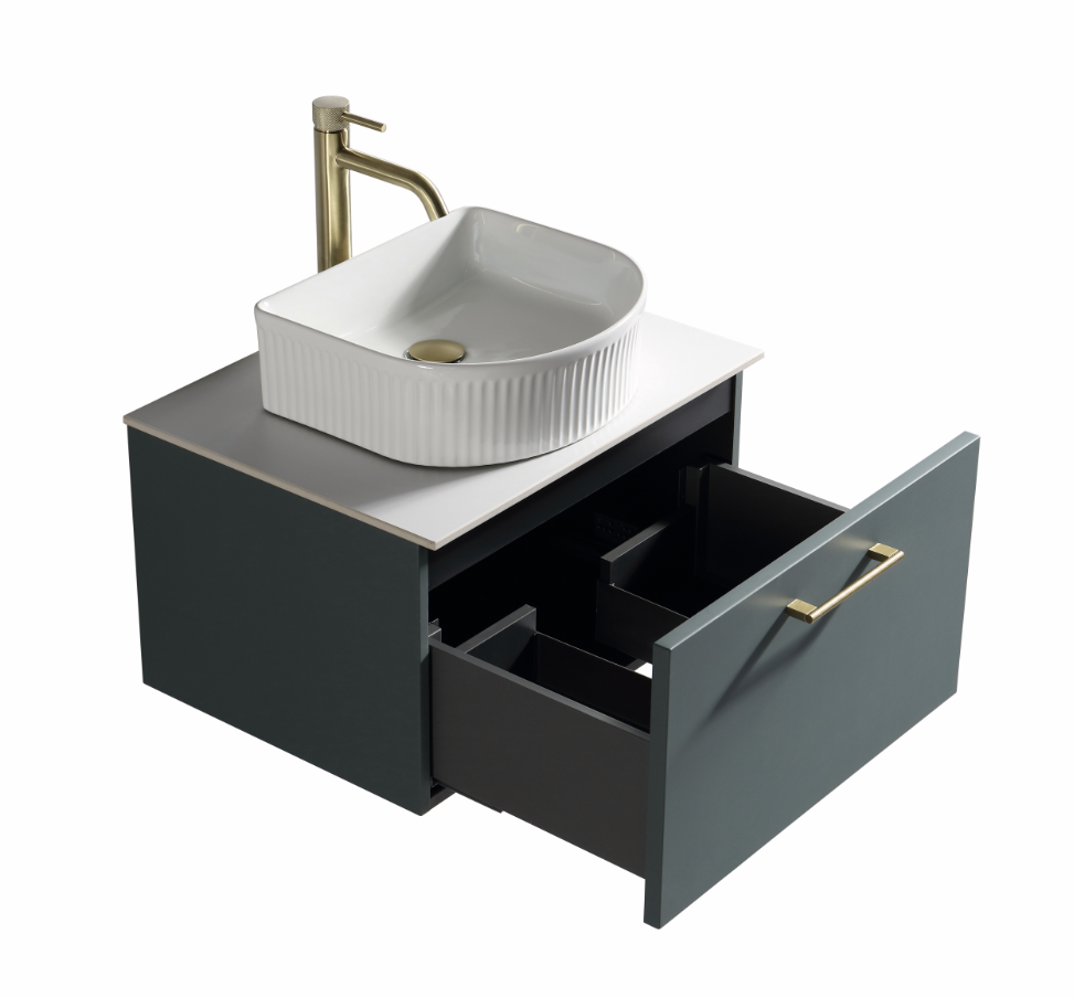 Vicenza 600mm 1 Drawer Wall Mounted Vanity Unit & Sintered Stone Counter Top - Smoked Sage