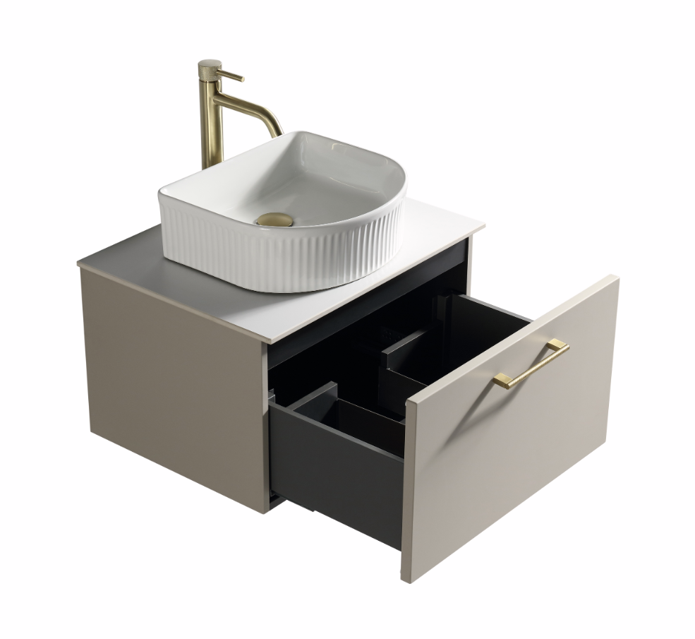 Vicenza 600mm 1 Drawer Wall Mounted Vanity Unit & Sintered Stone Counter Top - Cashmere