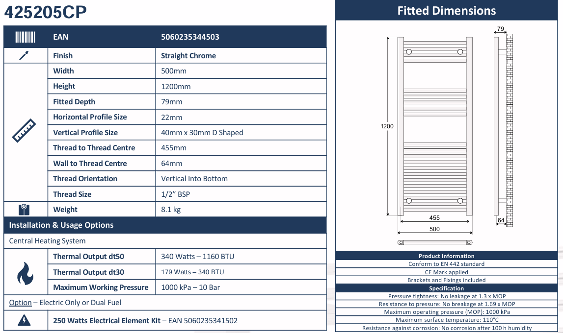 Avanti 500x1200mm Heated Towel Rail - Chrome