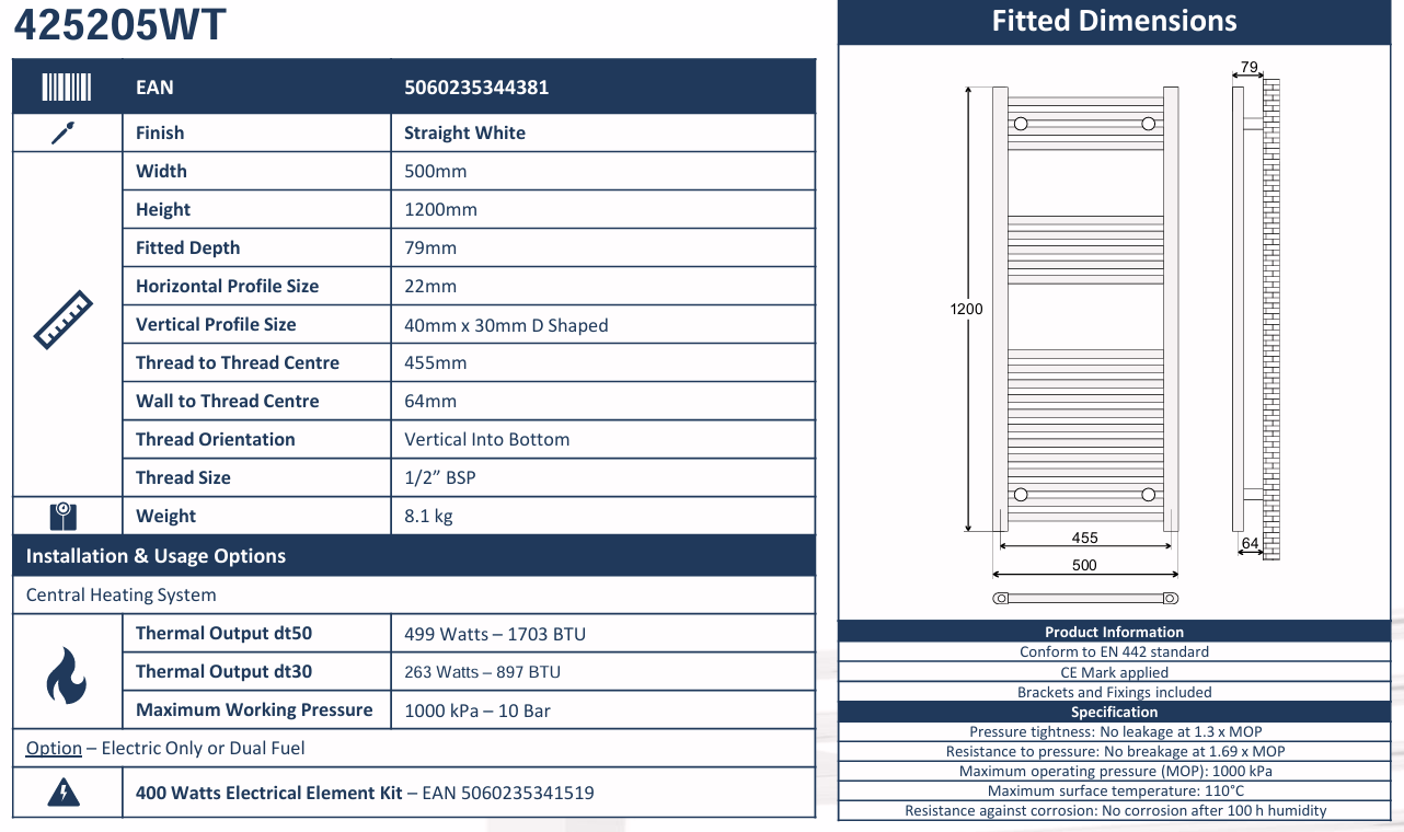 Avanti 500x1200mm Heated Towel Rail - White
