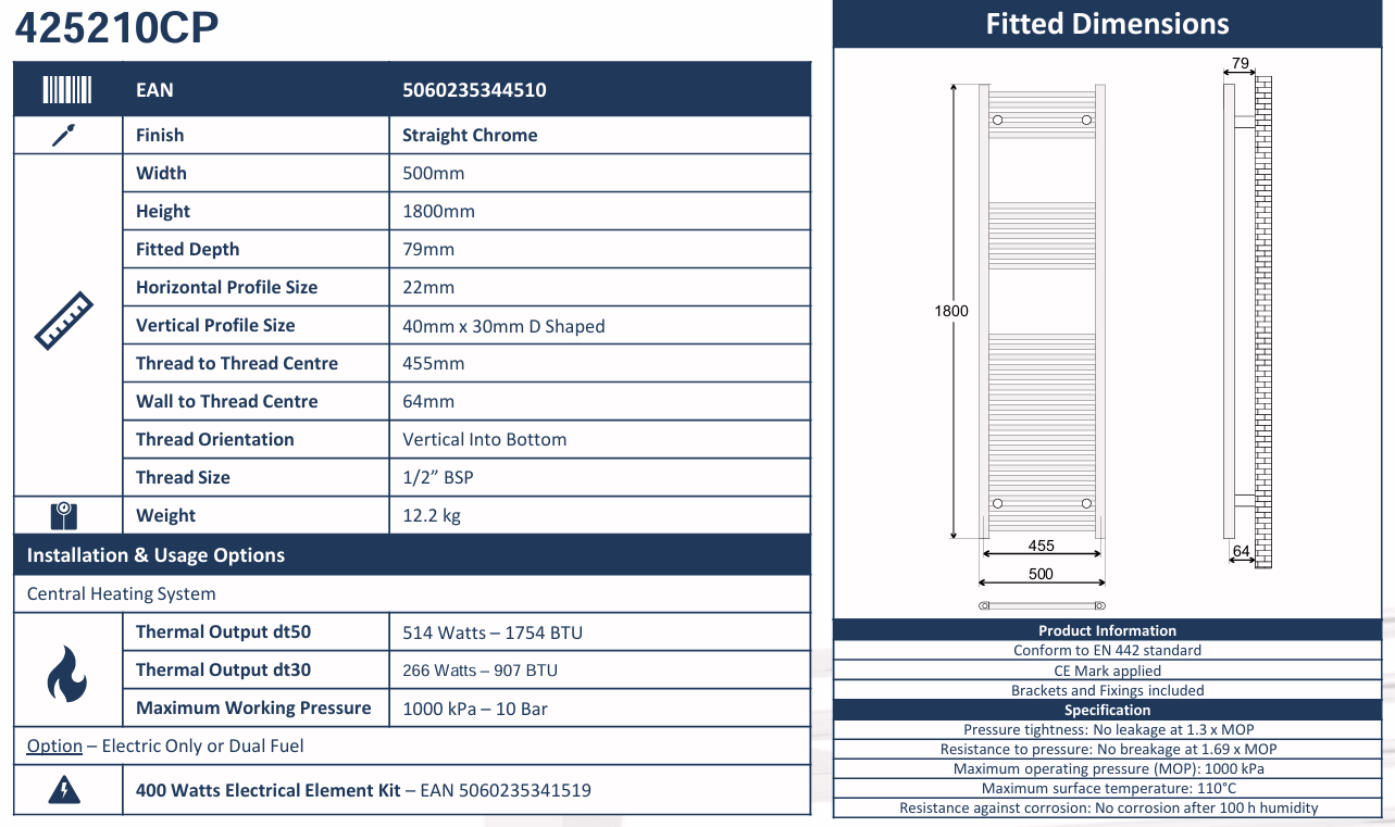 Avanti 500x1800mm Heated Towel Rail - Chrome