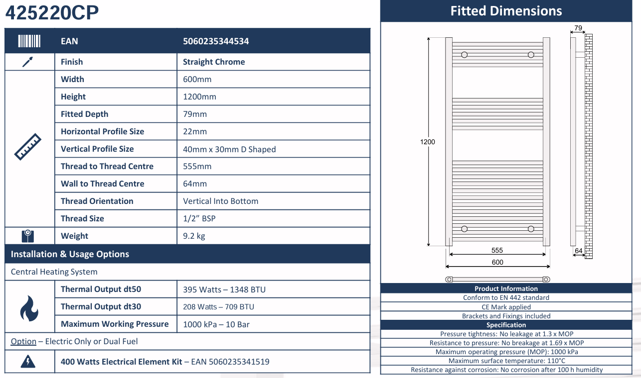 Avanti 600x1200mm Heated Towel Rail - Chrome