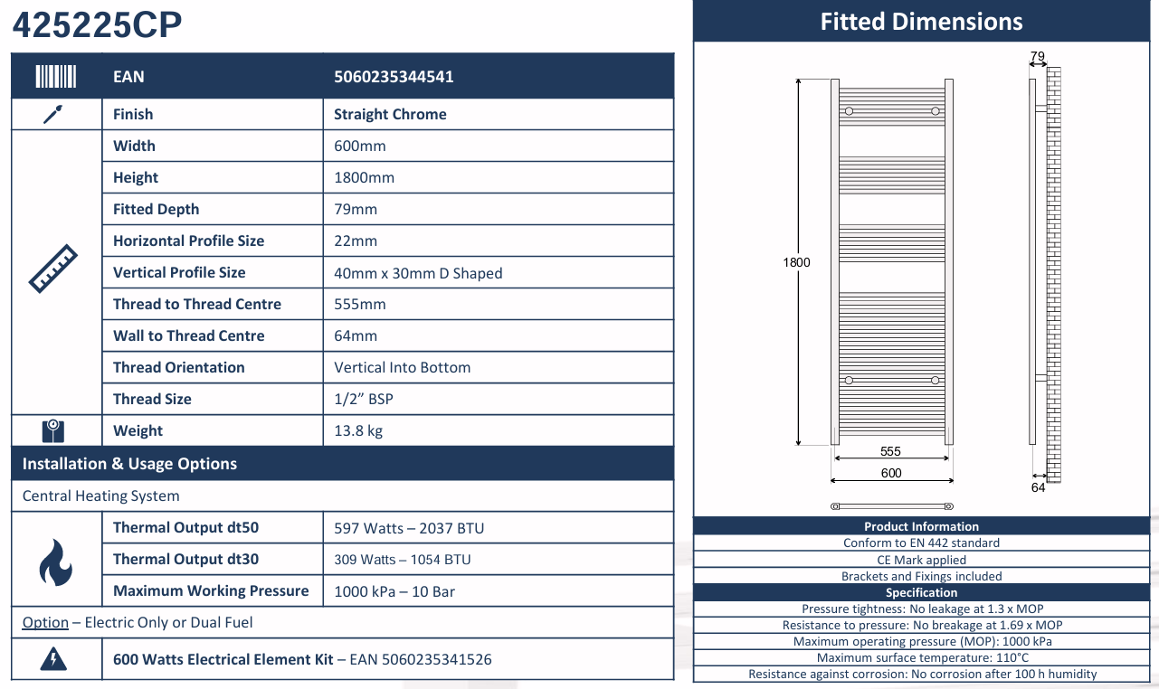 Avanti 600x1800mm Heated Towel Rail - Chrome