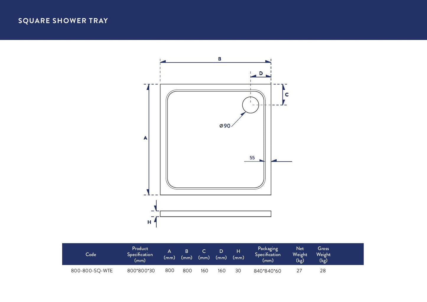 800x800mm Shower Tray