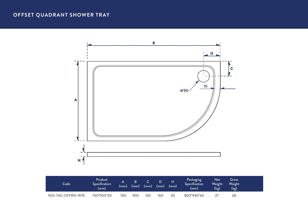 SenseWare 900x760mm Offset Shower Tray & waste - Right Hand