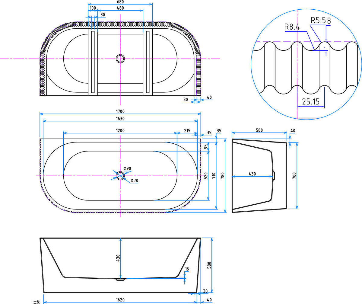 Ischia Fluted Back To Wall Bath - dimensions