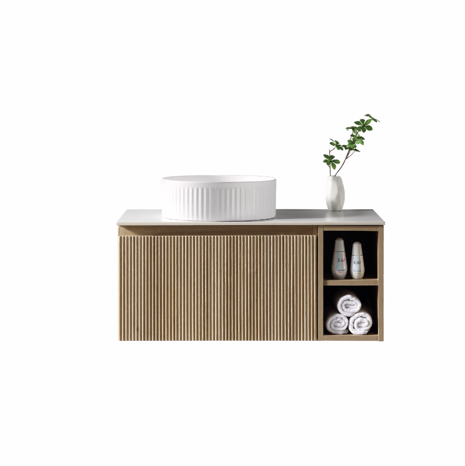 Faenza 800mm Wall Mounted Vanity Unit & Countertop with Side Storage - Amber Oak RH