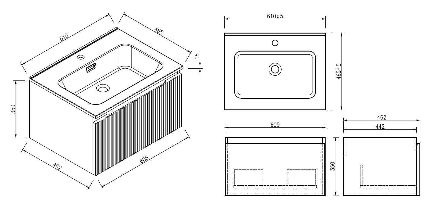 Vicenza 600mm 1 Drawer Wall Mounted Vanity Unit & Basin - Smoked Sage