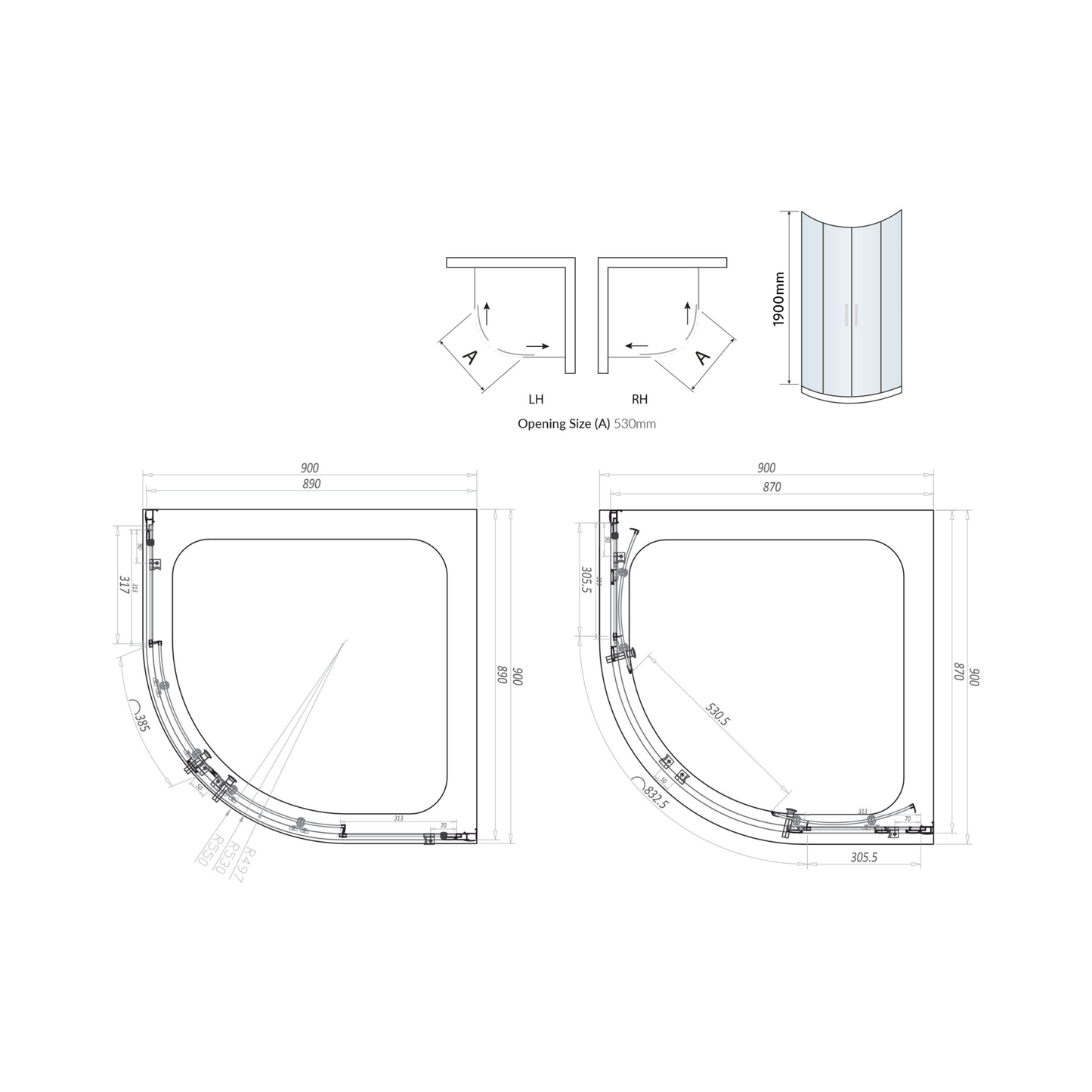 Sense6 900x900mm 2 Door Quadrant Enclosure - Brushed Brass