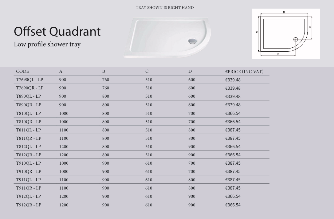 1000x900mm Offset Quadrant Shower Tray & Waste - Right Hand