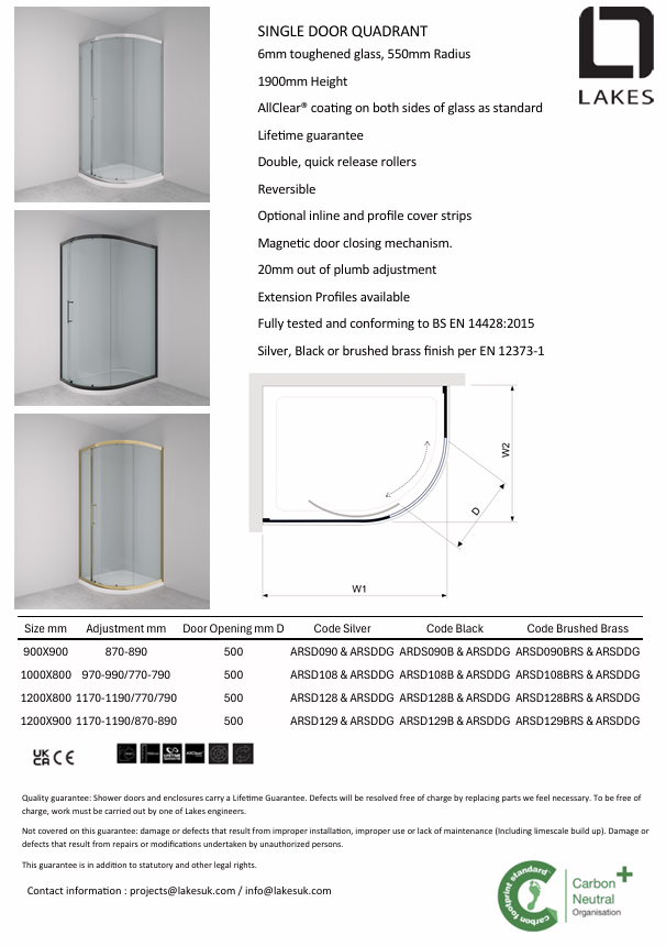 Lakes Enclosures 900mm Single Door Quadrant Shower Enclosure - Chrome