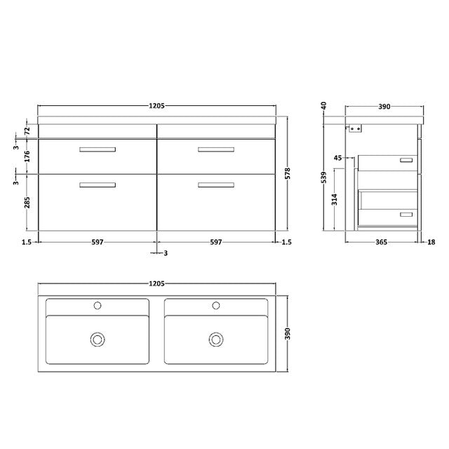 Emily 1200mm Double Wall Mounted Vanity Unit & Basin - Gloss White