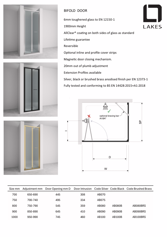 Lakes Enclosures 900mm Bifold Shower Door - Chrome