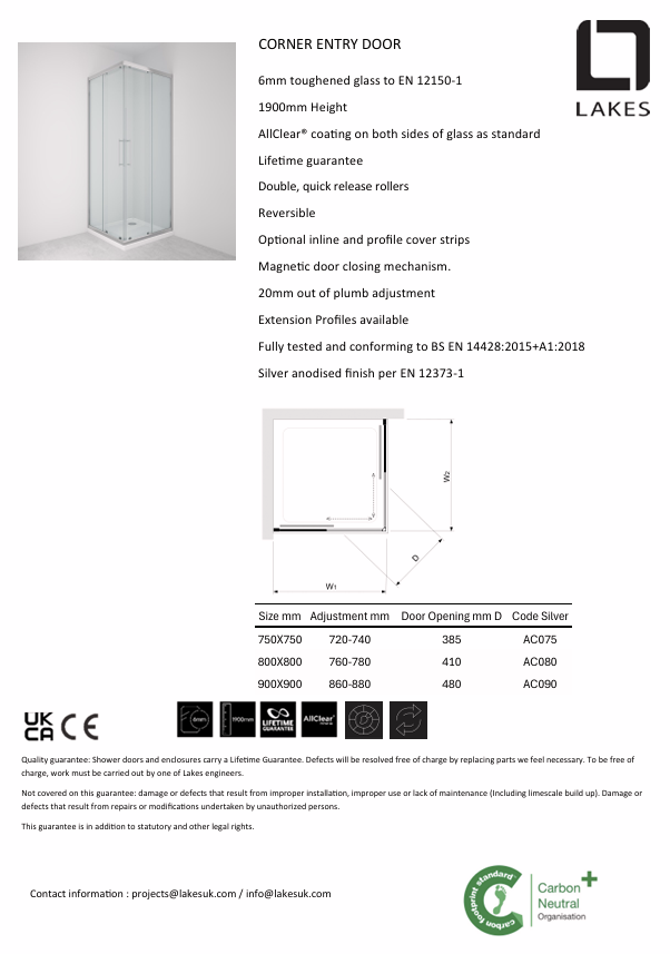 Lakes Enclosures 900x900mm Corner Entry Shower Enclosure - Chrome