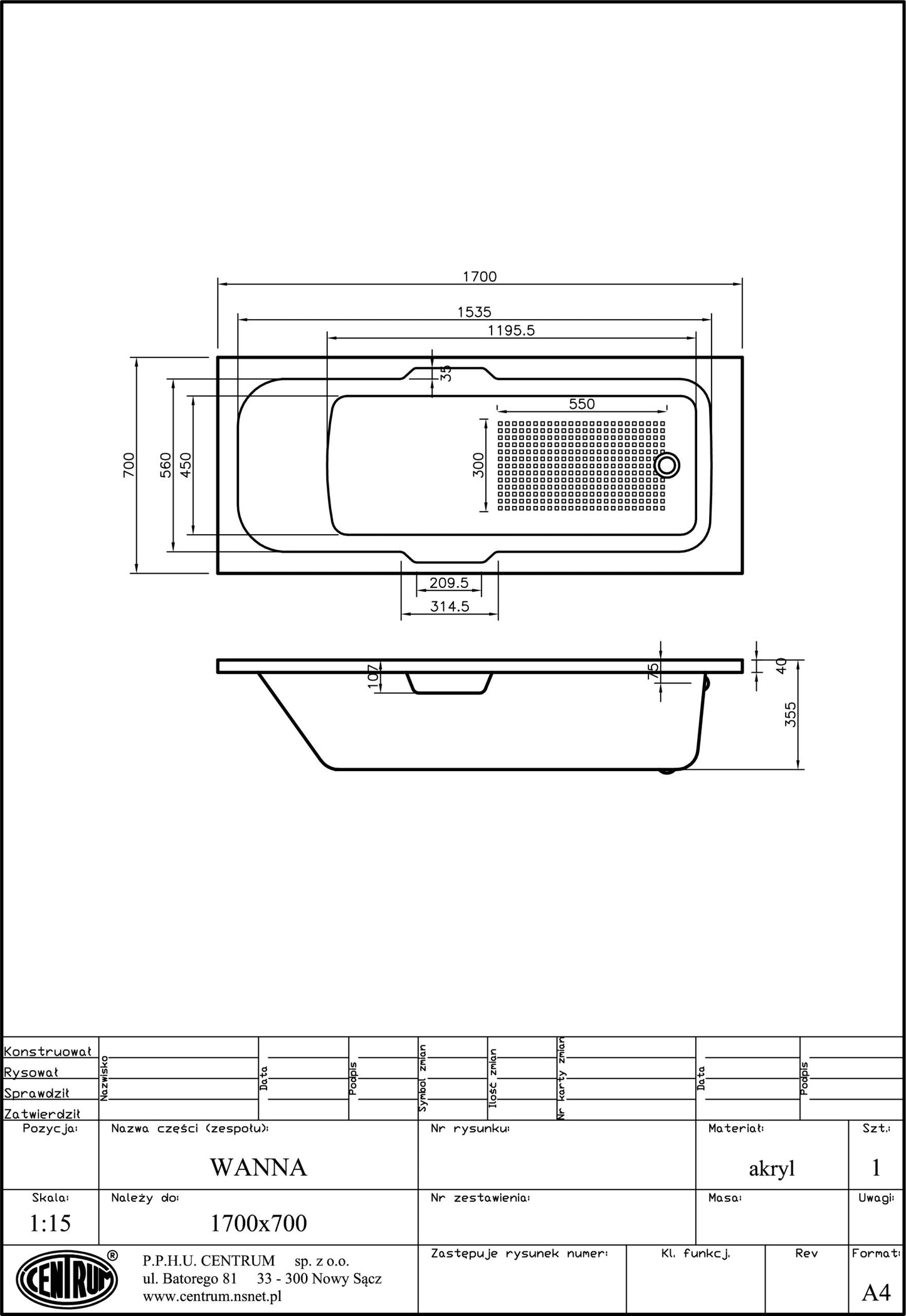 Vasto 1700x700mm Single Ended Bath & Handles