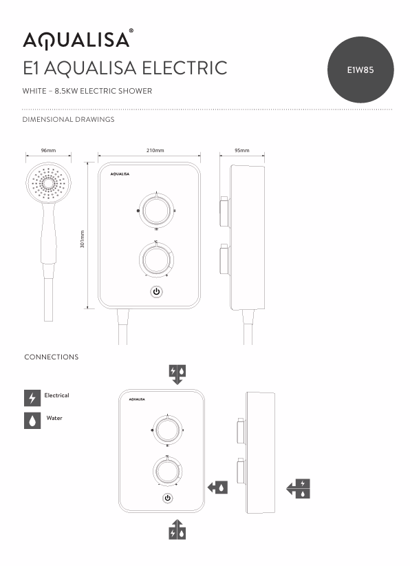 Aqualisa E1 Electric Shower With Single Mode Handset 8.5kW White